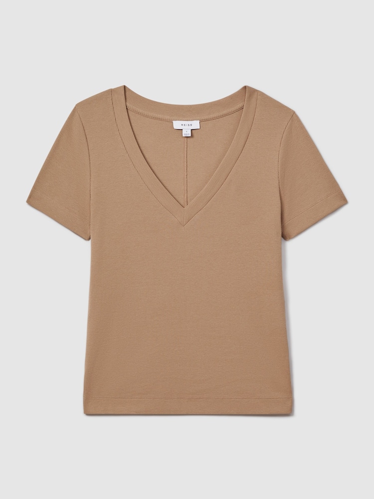 Reiss Camel Becca Cotton Blend Ribbed V-Neck Top - Image 2 of 6
