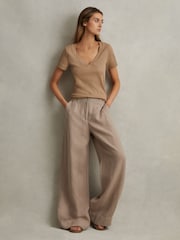 Reiss Camel Becca Cotton Blend Ribbed V-Neck Top - Image 5 of 6