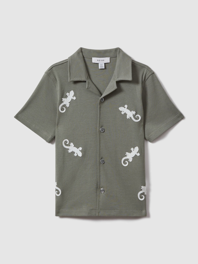 Reiss Sage/White Thar 3-9 yrs Cotton Reptile Patch Cuban Collar Shirt - Image 2 of 4
