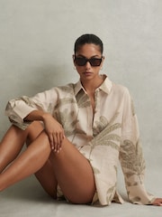 Reiss Neutral Oskia Linen Tropical Print Shirt - Image 1 of 6
