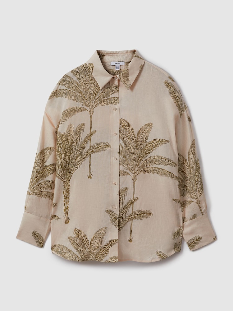 Reiss Neutral Oskia Linen Tropical Print Shirt - Image 2 of 6