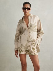 Reiss Neutral Oskia Linen Tropical Print Shirt - Image 3 of 6