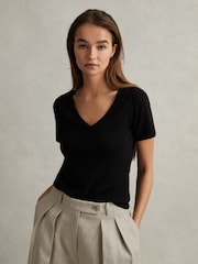 Reiss Black Becca Cotton Blend Ribbed V-Neck Top - Image 1 of 6