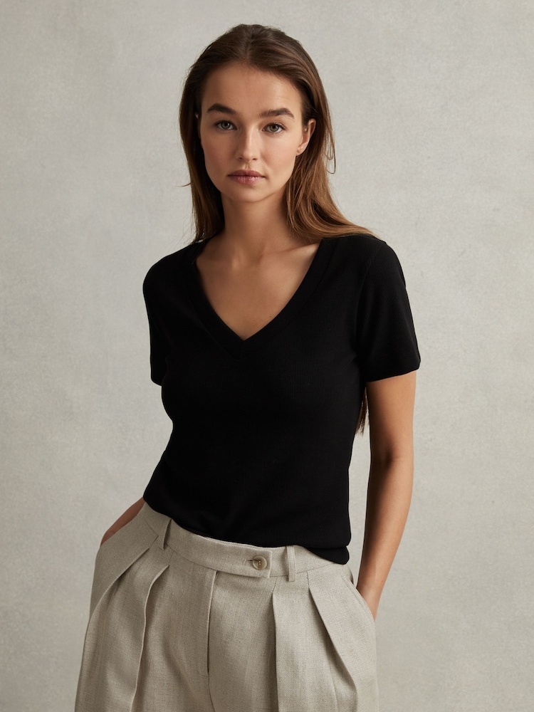 Reiss Black Becca Cotton Blend Ribbed V-Neck Top - Image 1 of 6 Reiss Black Becca Cotton Blend Ribbed V-Neck Top - Image 1 of 6