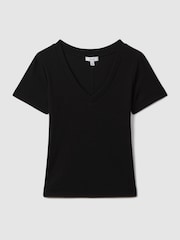 Reiss Black Becca Cotton Blend Ribbed V-Neck Top - Image 2 of 6