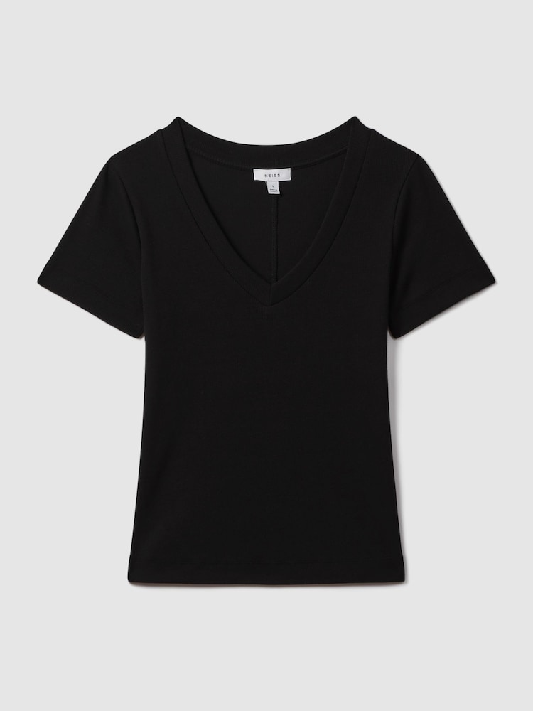 Reiss Black Becca Cotton Blend Ribbed V-Neck Top - Image 2 of 6