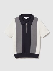Reiss Navy Milton Senior Half-Zip Striped Polo Shirt - Image 2 of 4