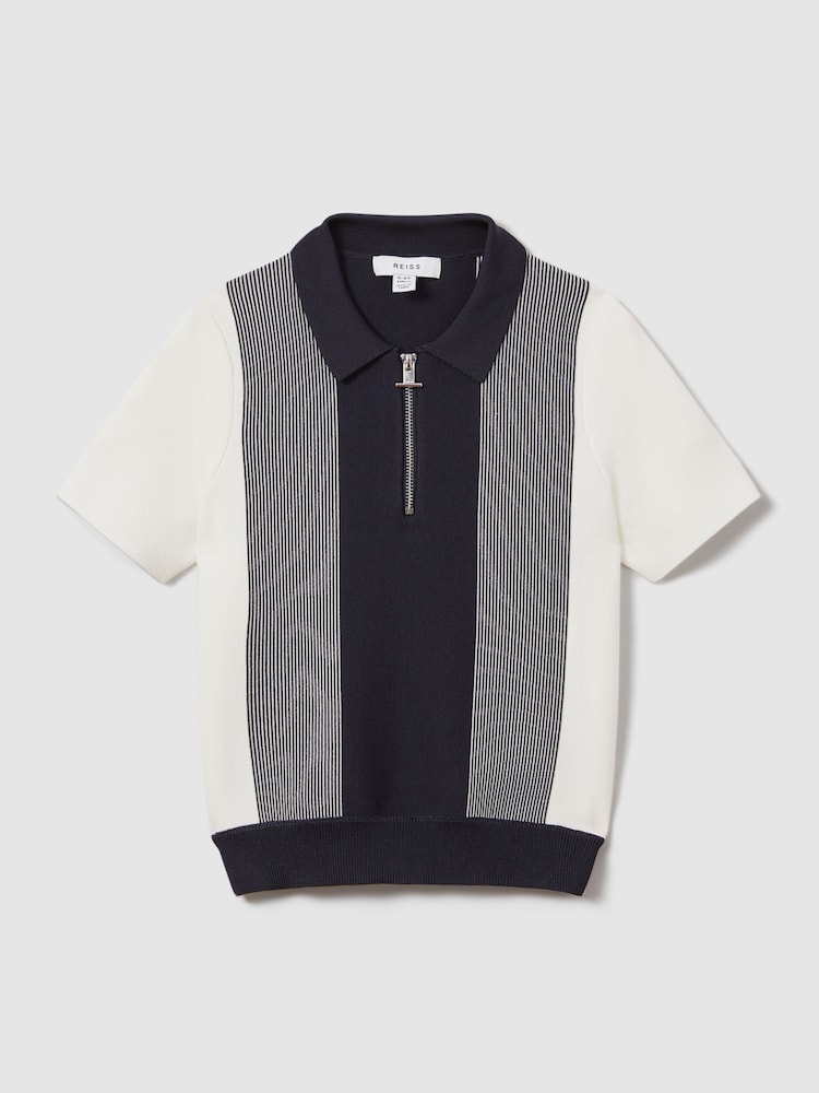 Reiss Navy Milton Senior Half-Zip Striped Polo Shirt - Image 2 of 4