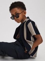 Reiss Navy/Stone Alton Junior Ribbed Cuban Collar Shirt - Image 1 of 4