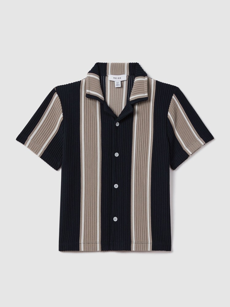 Reiss Navy/Stone Alton Junior Ribbed Cuban Collar Shirt - Image 2 of 4