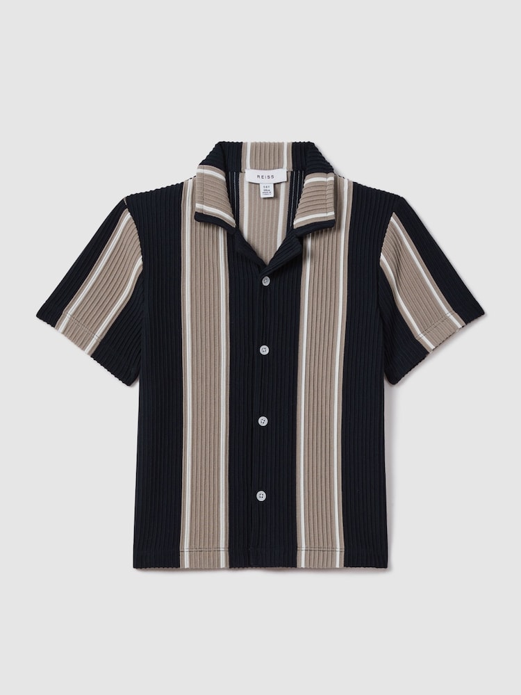 Reiss Navy/Stone Alton Senior Ribbed Cuban Collar Shirt - Image 2 of 4