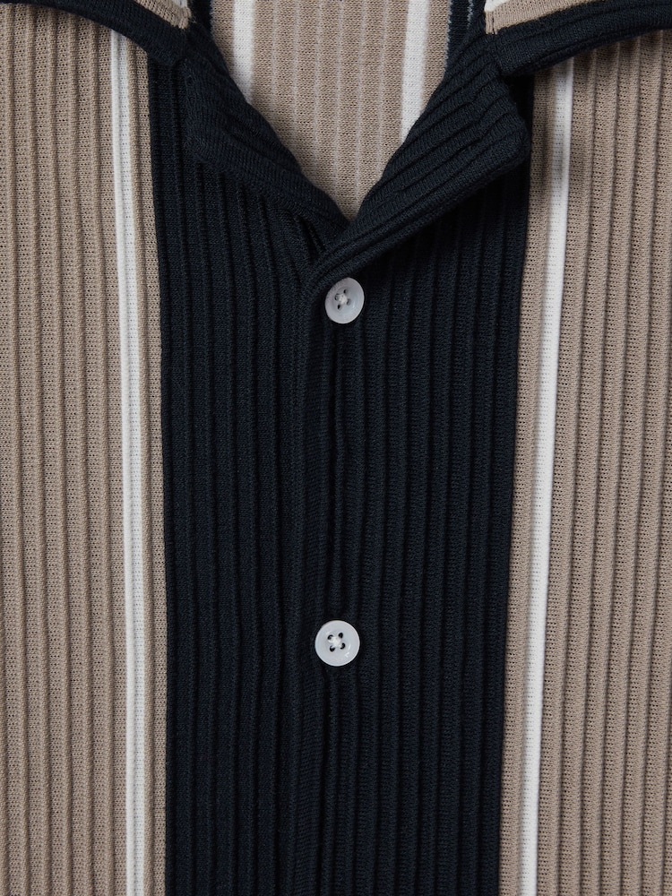 Reiss Navy/Stone Alton Senior Ribbed Cuban Collar Shirt - Image 4 of 4