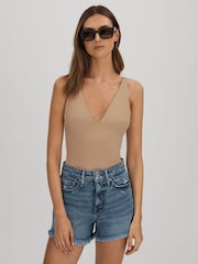 Good American Champagne Beige Good American Scuba V-Neck Bodysuit - Image 1 of 5