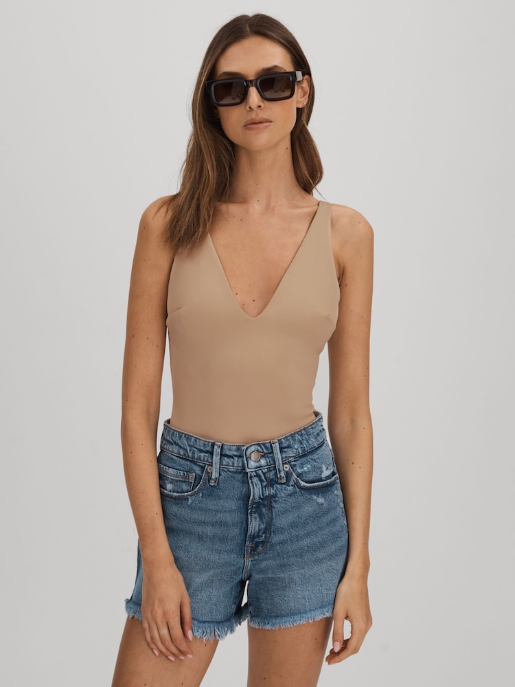 Good American Champagne Beige Good American Scuba V-Neck Bodysuit - Image 1 of 5