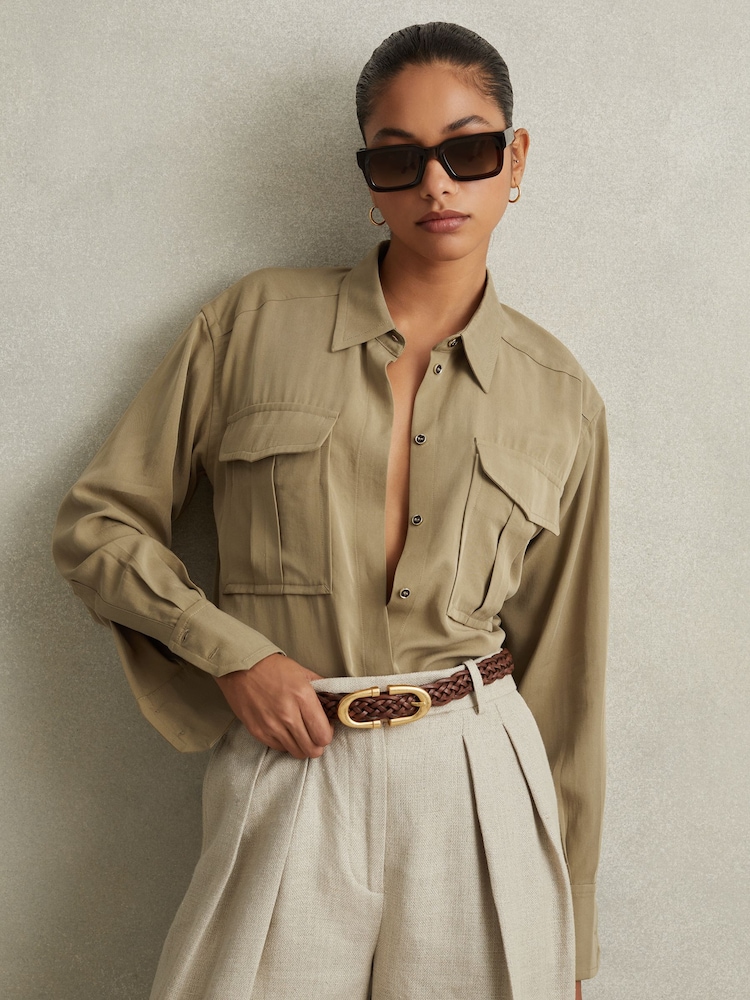 Reiss Khaki Isador Lyocell Button-Through Shirt - Image 1 of 5