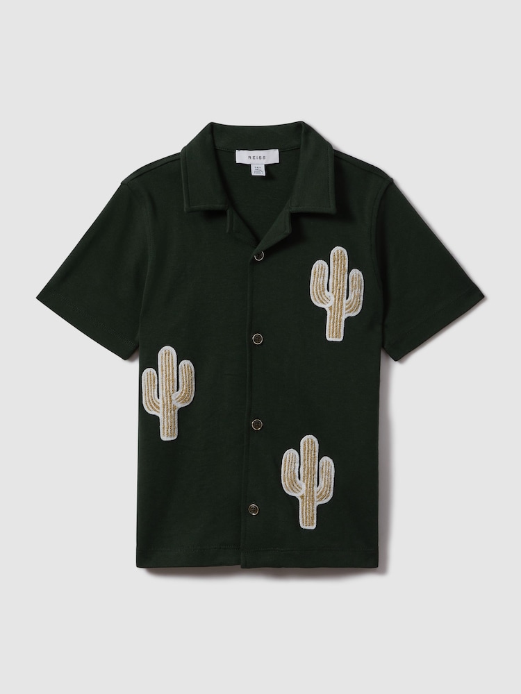 Reiss Dark Green Stan 13-14 yrs Cotton Cactus Patch Cuban Collar Shirt - Image 1 of 4