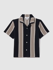 Reiss Navy/Stone Alton Teen Ribbed Cuban Collar Shirt - Image 1 of 4