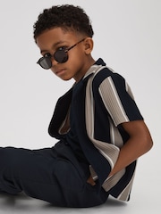 Reiss Navy/Stone Alton Teen Ribbed Cuban Collar Shirt - Image 2 of 4