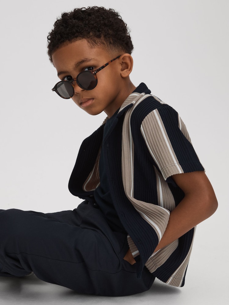 Reiss Navy/Stone Alton Teen Ribbed Cuban Collar Shirt - Image 2 of 4