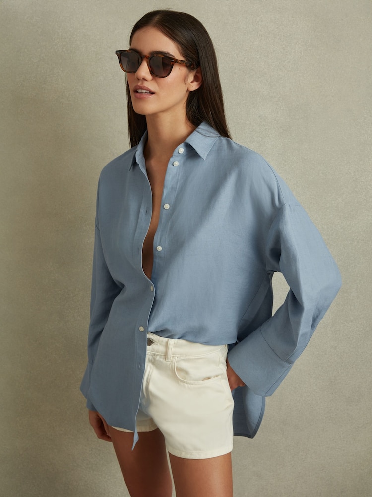 Reiss Blue Sian Relaxed Fit Lyocell Linen Button Through Shirt - Image 3 of 6