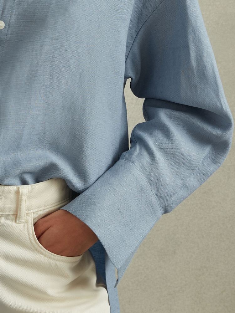Reiss Blue Sian Relaxed Fit Lyocell Linen Button Through Shirt - Image 4 of 6