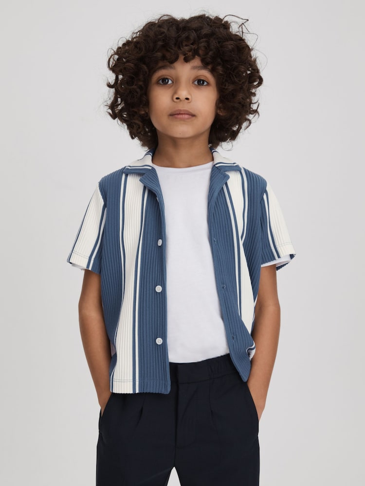 Reiss Airforce Blue/White Alton Senior Ribbed Cuban Collar Shirt - Image 1 of 4 Reiss Airforce Blue/White Alton Senior Ribbed Cuban Collar Shirt - Image 1 of 4