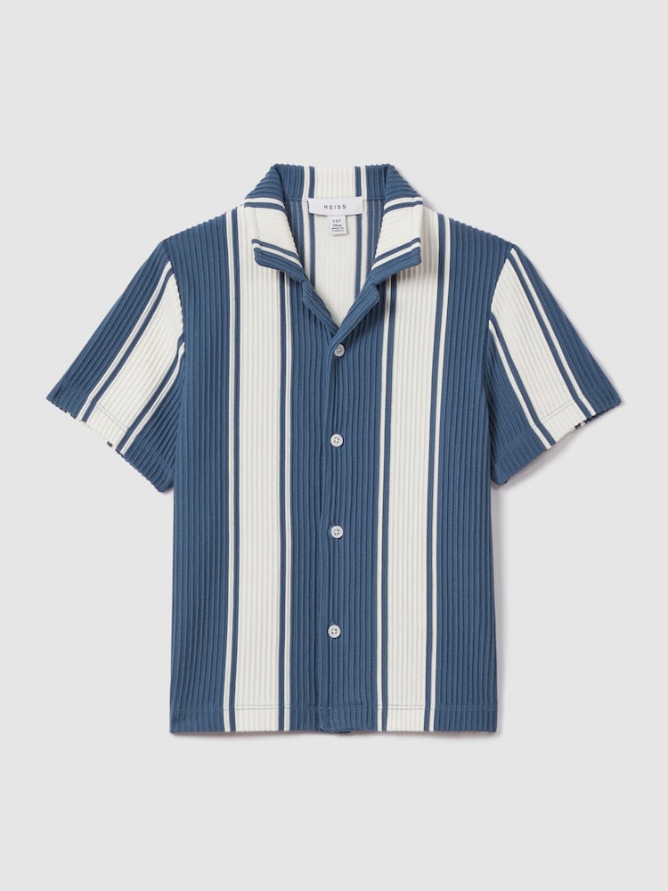 Reiss Airforce Blue/White Alton Senior Ribbed Cuban Collar Shirt - Image 2 of 4 Reiss Airforce Blue/White Alton Senior Ribbed Cuban Collar Shirt - Image 2 of 4