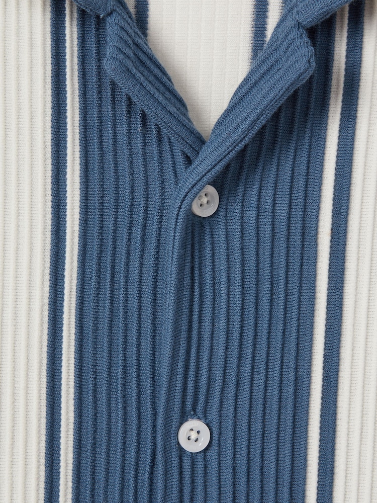 Reiss Airforce Blue/White Alton Senior Ribbed Cuban Collar Shirt - Image 4 of 4 Reiss Airforce Blue/White Alton Senior Ribbed Cuban Collar Shirt - Image 4 of 4
