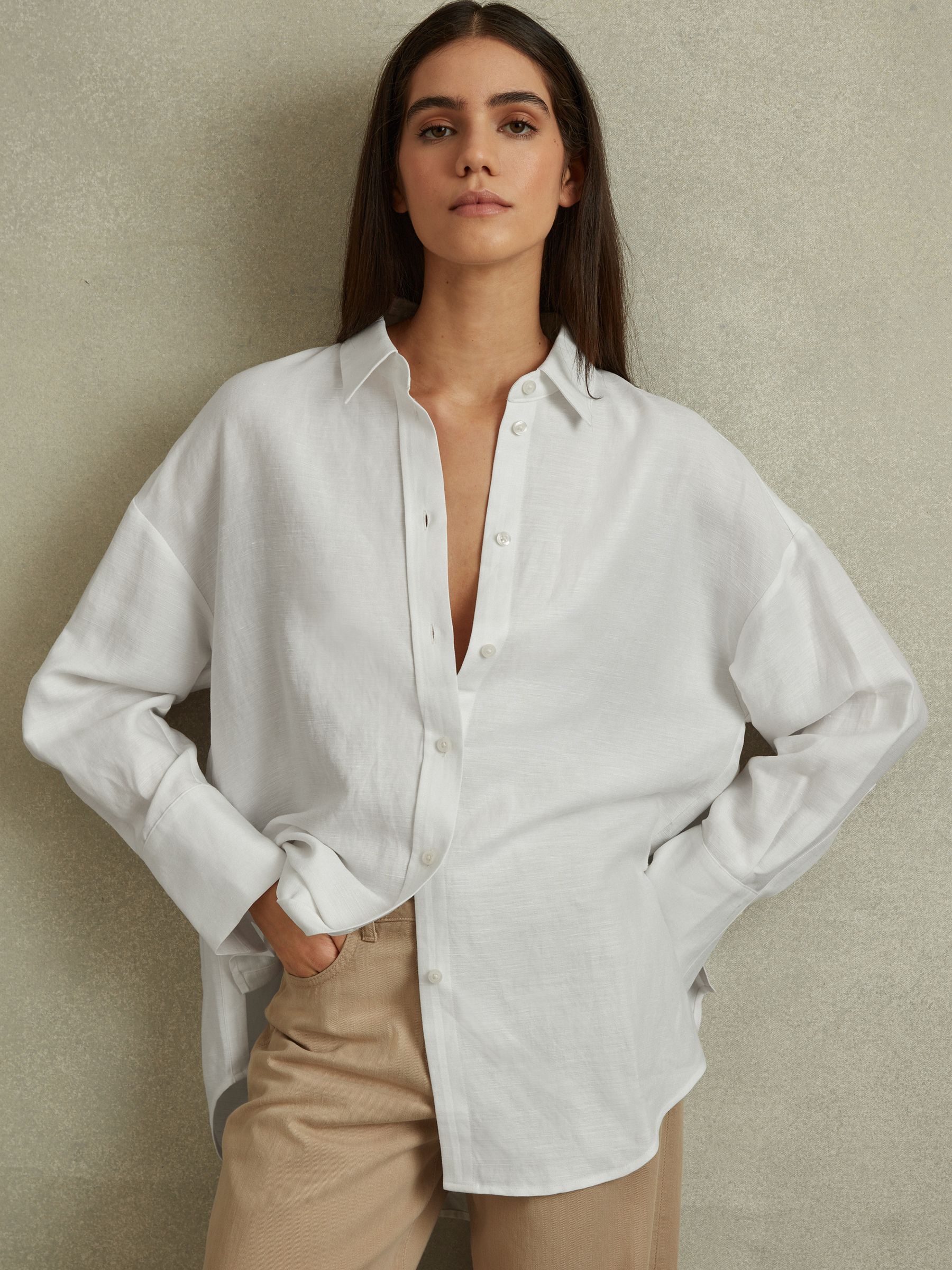Reiss White Relaxed Fit Lyocell-linen Button-through Shirt