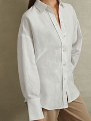 Reiss White Sian Relaxed Fit Lyocell-Linen Button-Through Shirt - Image 3 of 5