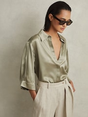 Reiss Khaki Winnie Silk Relaxed Sleeve Blouse - Image 1 of 6