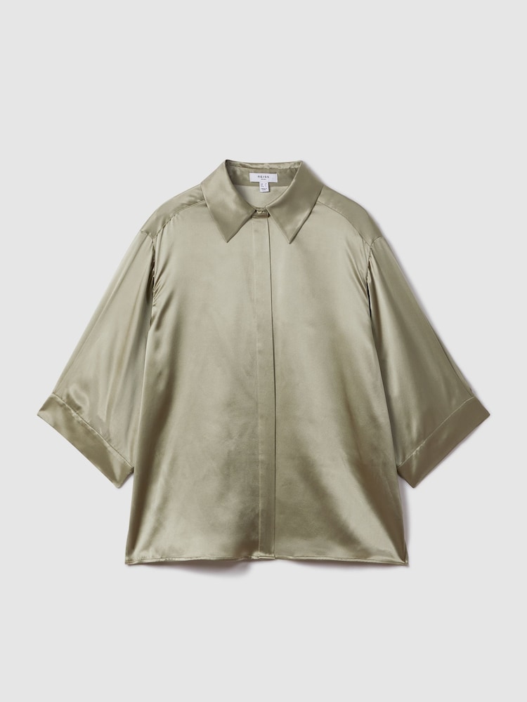 Reiss Khaki Winnie Silk Relaxed Sleeve Blouse - Image 2 of 6
