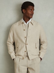 Reiss Oatmeal Cadiz Linen Elasticated Hem Overshirt - Image 1 of 5