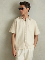 Reiss Ecru Sicily Textured Cotton Blend Contrast Shirt - Image 1 of 6