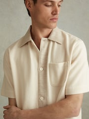 Reiss Ecru Sicily Textured Cotton Blend Contrast Shirt - Image 4 of 6