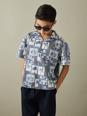 Reiss Airforce Blue Basin Cotton Blend Collage Cuban Collar Shirt - Image 2 of 4