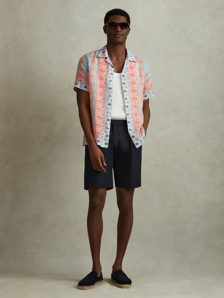 Reiss Orange Multi Pantain Linen Printed Cuban Collar Shirt - Image 1 of 6