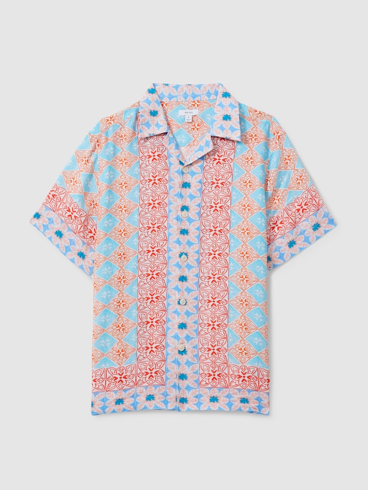 Reiss Orange Multi Pantain Linen Printed Cuban Collar Shirt - Image 2 of 6