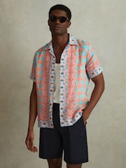 Reiss Orange Multi Pantain Linen Printed Cuban Collar Shirt - Image 3 of 6