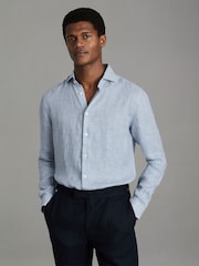 Reiss Soft Blue Puppytooth Ruban Linen Button-Through Shirt - Image 1 of 6