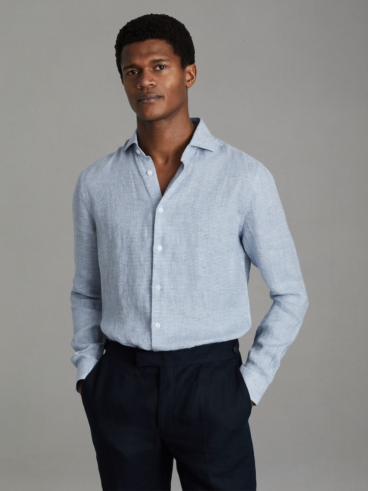 Reiss Soft Blue Puppytooth Ruban Linen Button-Through Shirt - Image 1 of 6