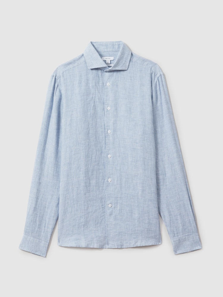 Reiss Soft Blue Puppytooth Ruban Linen Button-Through Shirt - Image 2 of 6