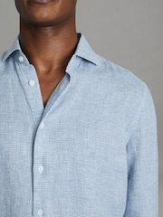 Reiss Soft Blue Puppytooth Ruban Linen Button-Through Shirt - Image 4 of 6
