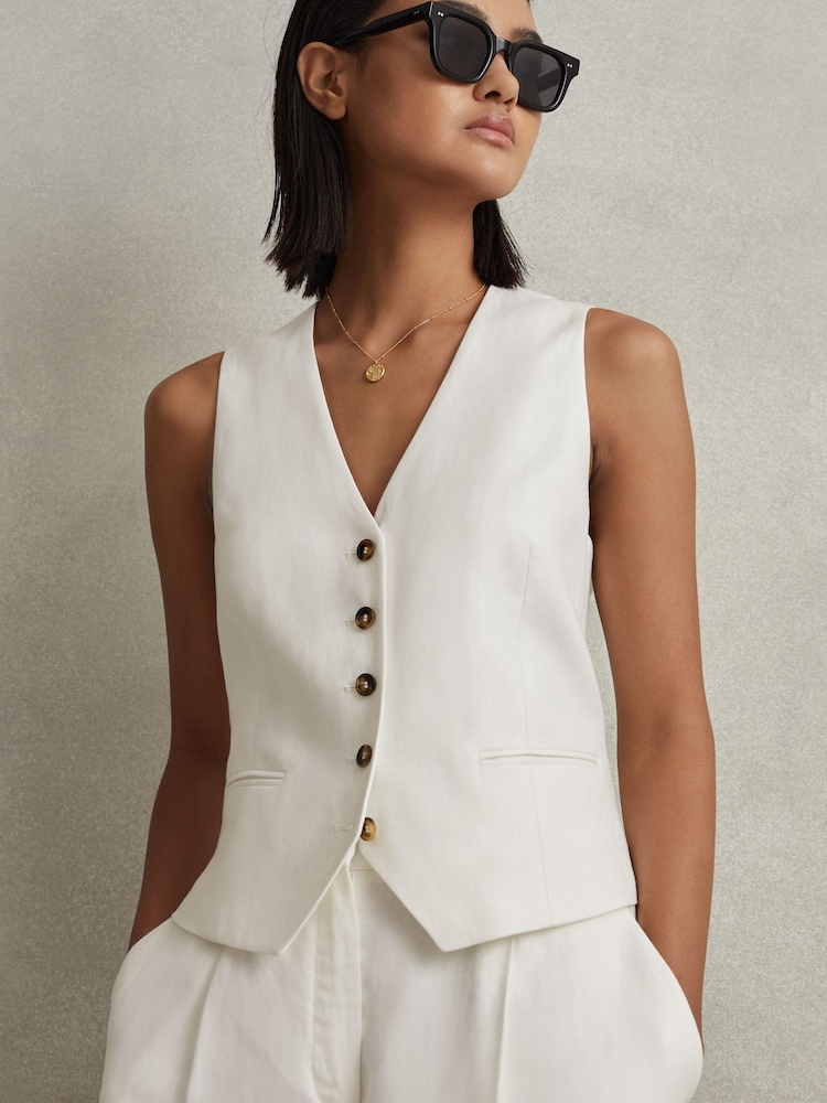 Reiss White Lori Viscose Linen Single Breasted Suit Waistcoat - Image 1 of 6