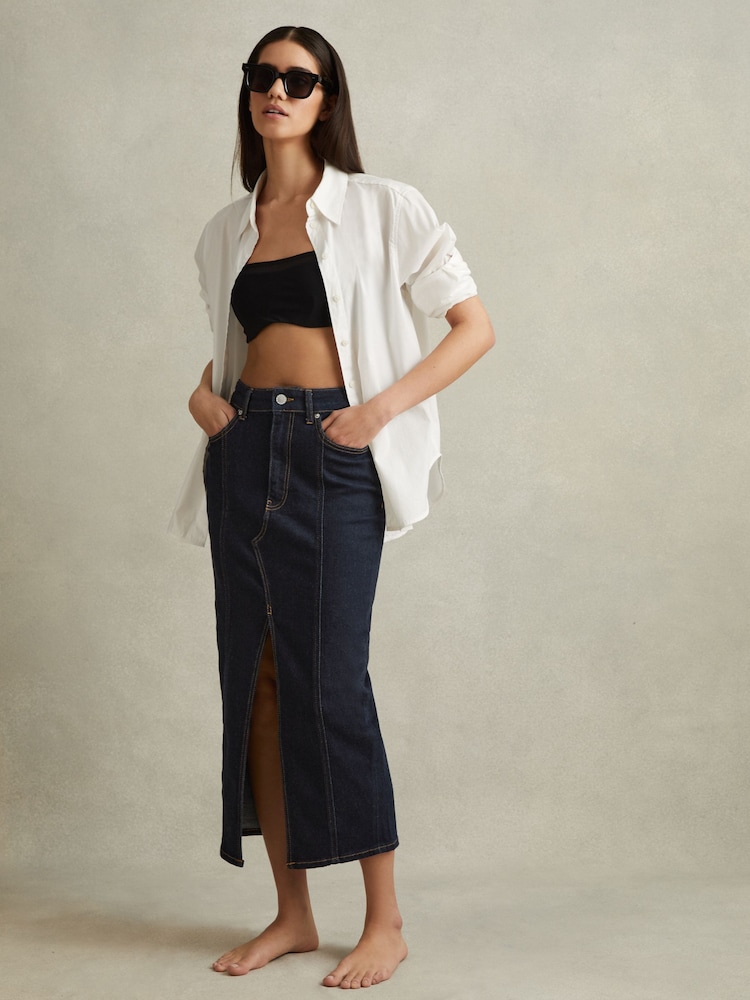 Reiss Indigo Daila High Rise Denim Midi Skirt - Image 1 of 6