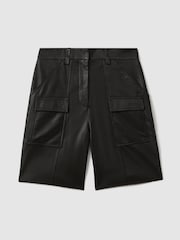 Reiss Black Eliana Leather Cargo Shorts - Image 2 of 7
