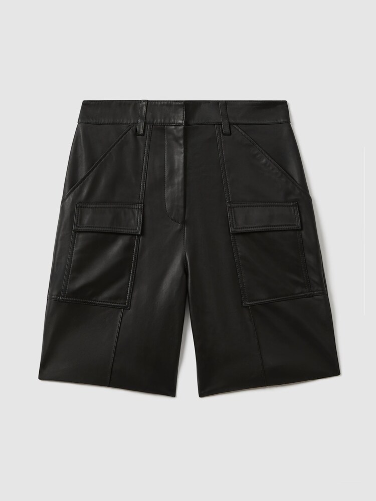 Reiss Black Eliana Leather Cargo Shorts - Image 2 of 7