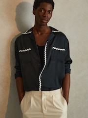 Reiss Navy Fable Viscose Satin Contrast Trim Cuban Collar Shirt - Image 1 of 6