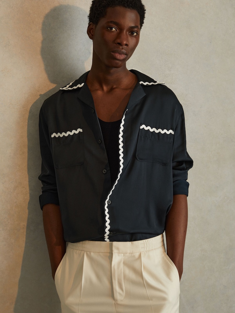 Reiss Navy Fable Viscose Satin Contrast Trim Cuban Collar Shirt - Image 1 of 6