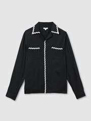 Reiss Navy Fable Viscose Satin Contrast Trim Cuban Collar Shirt - Image 2 of 6